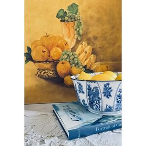 Vintage Japanese Blue and White Porcelain Bowl Phoenix and Peonies 10 Inch Japan
